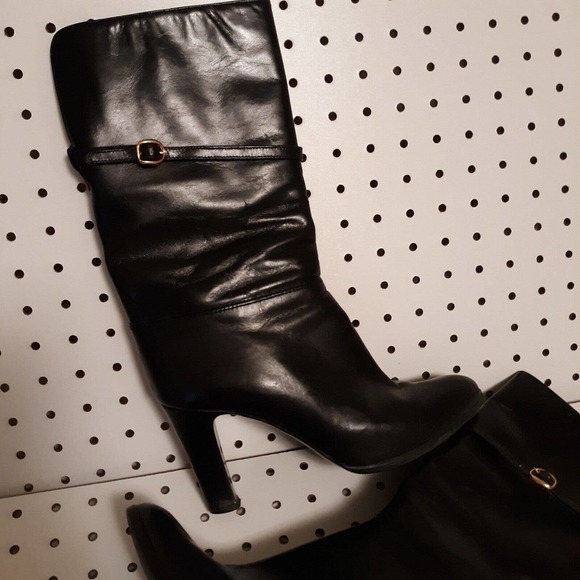 Nina black leather mid calf boots with strap and buckle Women's Size 6.5M - Picture 1 of 9